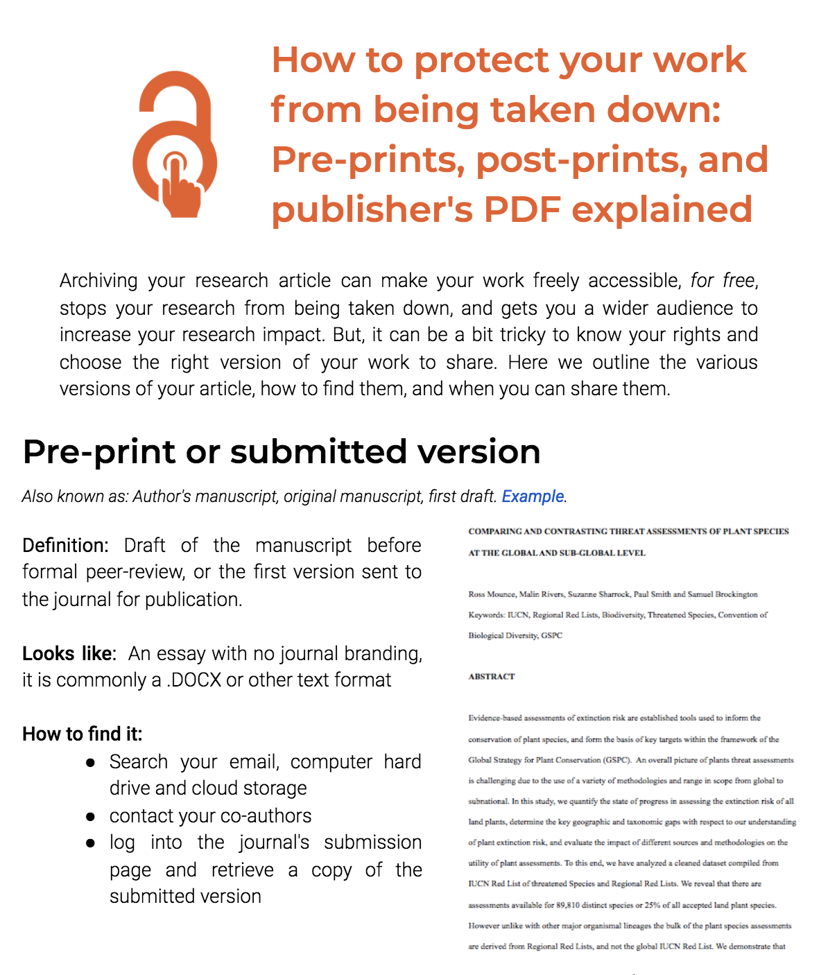 How to protect your work from being taken down: Pre-prints, post-prints, and publisher's PDF explained